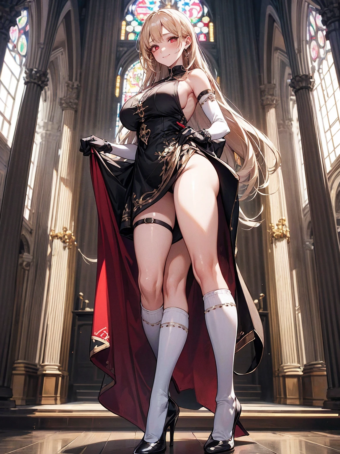 One Girl, Blonde, Red eyes, Big Breasts,, A shy smile, Mature Woman, Church Background, Textured skin, Ultra-high resolution, Ultra-high resolution, Ultra-high resolution, Ultra-high resolution, Awards, Attention to detail, Incredible high key lighting and shadows, masterpiece, Great illustrations,Knee-high socks、Long glovesKnee-high socks、Long gloves、Shoulders are exposed。Knee-high socks、Long socks、Attractive legs