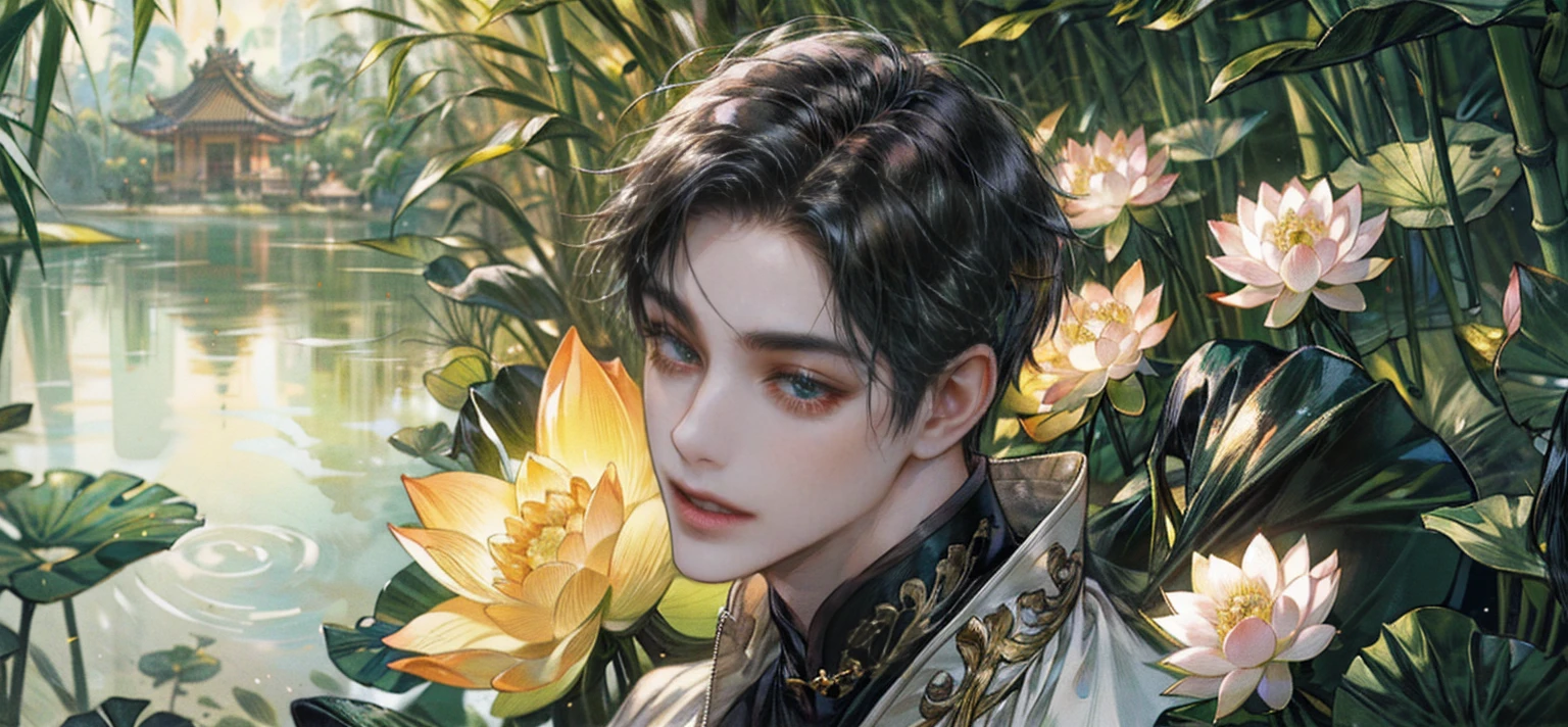 extraordinarily beautiful youth, a bright, innocent smile,All green clothing,(absurdres, highres, ultra detailed, HDR), masterpiece, best quality, (1 boy) , boy character ,((Thick black long hair)),beautiful face,detailed interior, detailed character,((man)),(lotus Flowers in bamboo forest), black hair,he smile,(white lotus), house of China in bamboo Forest , beautiful and cute man ,(long black hair),black eyes,((solo man)),(he has a Big eyes, charming lips, slim nose and small face),(slim figures and no muscle),thin boy,slim body, slim figures ,very long hair