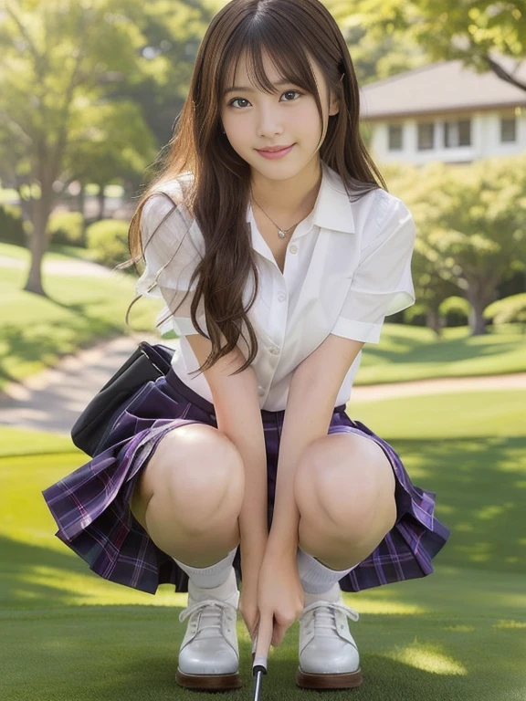 Photo-realistic quality、A woman in a white blouse is holding a golf club, Japanese girls uniform, Cute school girl, Realistic young gravure idol, Young and cute gravure idol, High school girl posing, Surreal , Young and skinny gravure idol,Girl wearing short-sleeved blouse, Japanese Model、An open-front blouse、I can see her cleavage