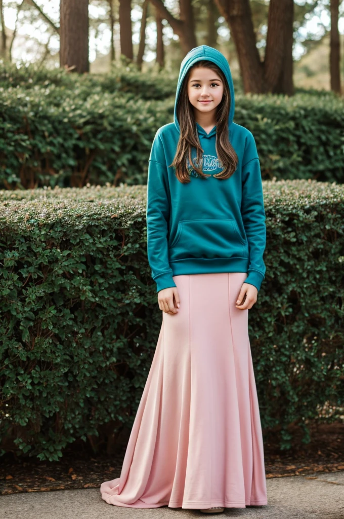 14 year old teen wearing long mermaid maxi skirt and hoodie