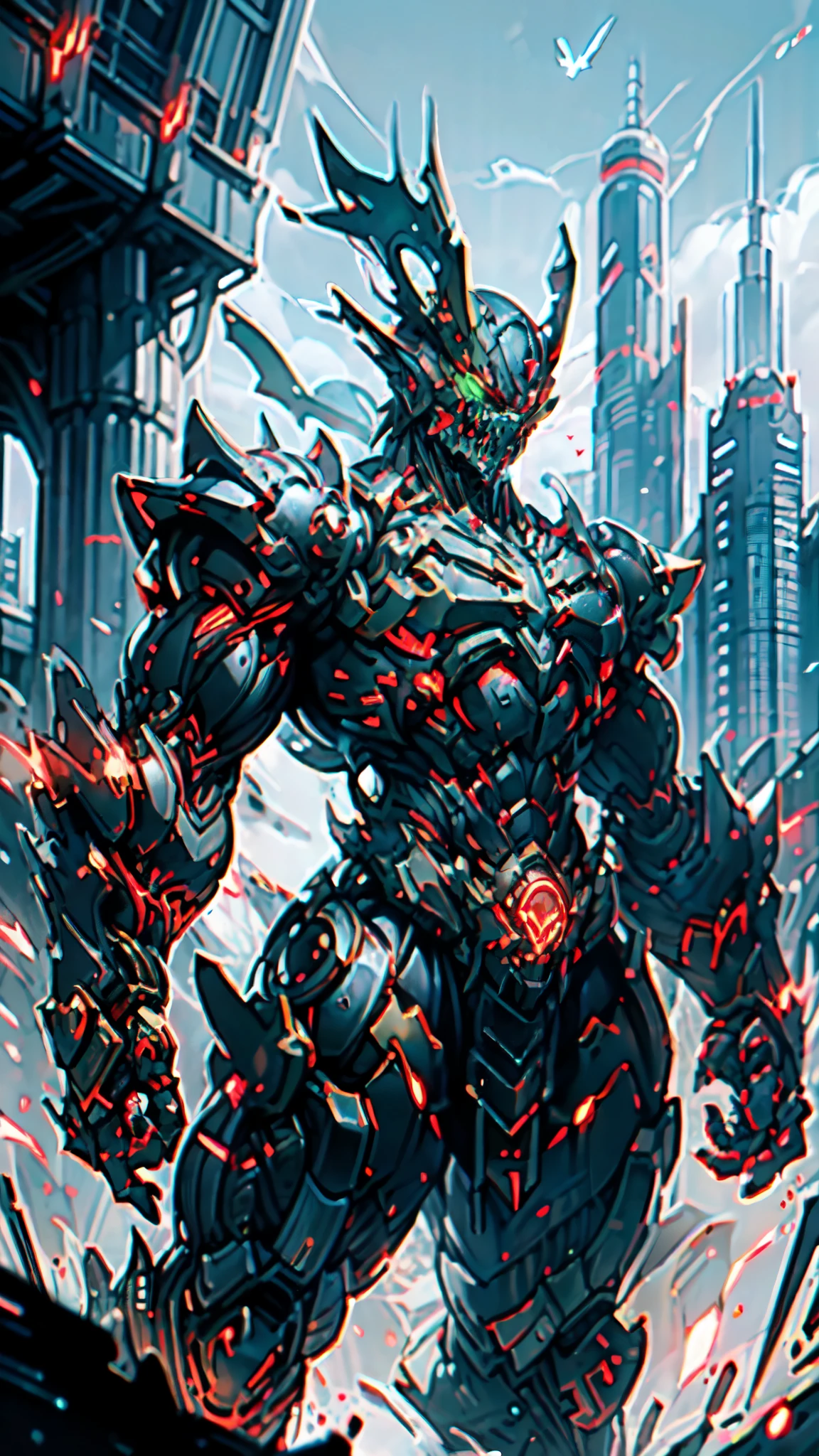 (masterpiece:1.5, best quality:1.5, extremely delicate:1.5, perspective:1.5, foreshortening:1.5, dynamic angle:1.5), a man wearing a full-face helmet, a fantasy-style biotech armored combat suit, green eyes, (a composite layered chest armor), fully enclosed shoulder guards, matching arm and leg guards, the belt is adorned with fangs biting into orbs, (the color scheme is primarily black with red accents), the design balances heavy with agility, a high-tech bio-mecha armor, (Armor Concept Inspired by Bat, stand on the top of a skyscraper in a futuristic sci-fi city), this character embodies a finely crafted fantasy-surreal style armored hero in anime style, exquisite and mature manga art style, (element, plasma, energy, the armor glows), ((male:1.5)), metallic, high definition, highres, ultra-detailed, ultra-fine painting, professional, perfect body proportions, golden ratio, anatomically correct, symmetrical face, extremely detailed eyes and face, high quality eyes, creativity, RAW photo, UHD, 32k, Natural light, cinematic lighting, masterpiece-anatomy-perfect