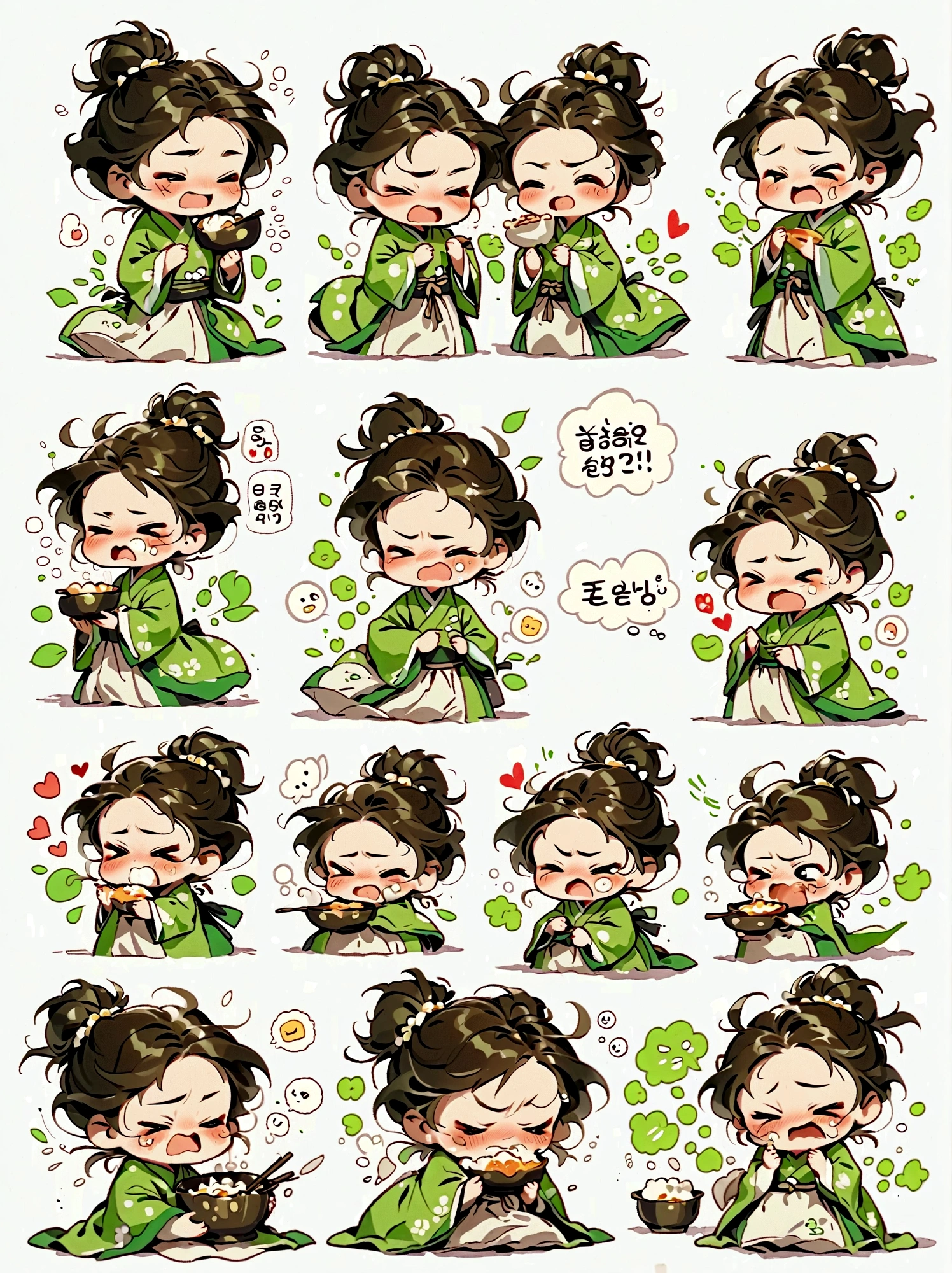  girl, green hanbok, classical and delicate, bust, chibi, 9 poses and expressions, emoticons [dizzyhappy, angry, crying, sad, cute, expectant, laughing, disappointed and shy, sleepy, eating, dizzyexpressing love, etc,1, line art, stick-er art, white background