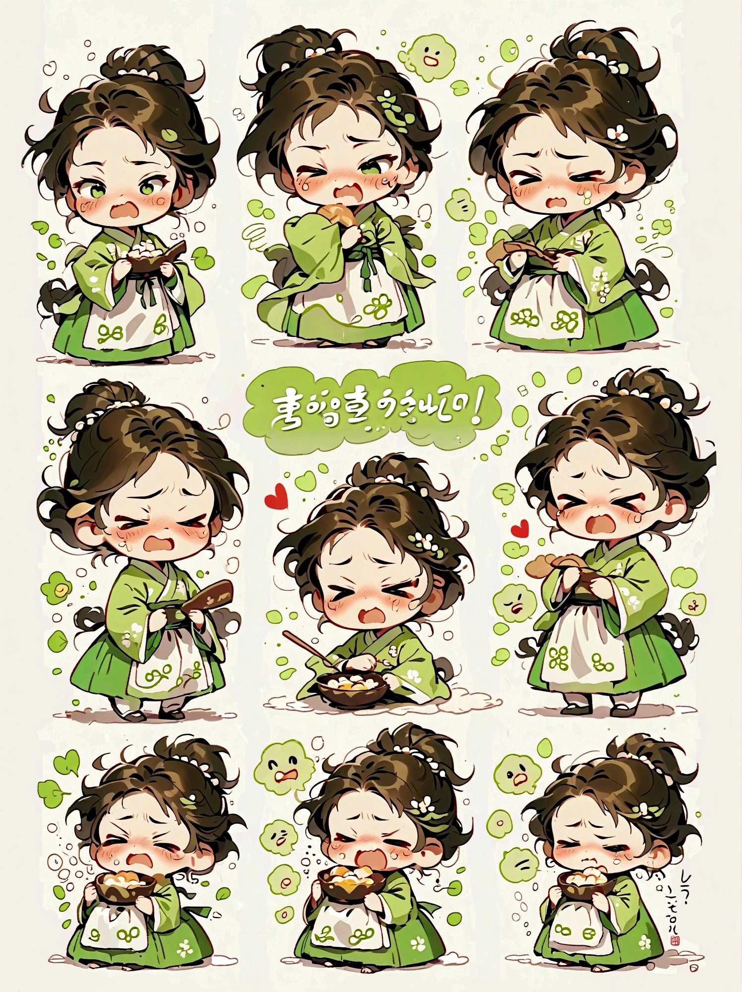 ***********, green hanbok, classical and delicate, bust, chibi, 9 poses and expressions, emoticons [dizzyhappy, angry, crying, sad, cute, expectant, laughing, disappointed and shy, sleepy, eating, dizzyexpressing love, etc,1, line art, stick-er art, white background