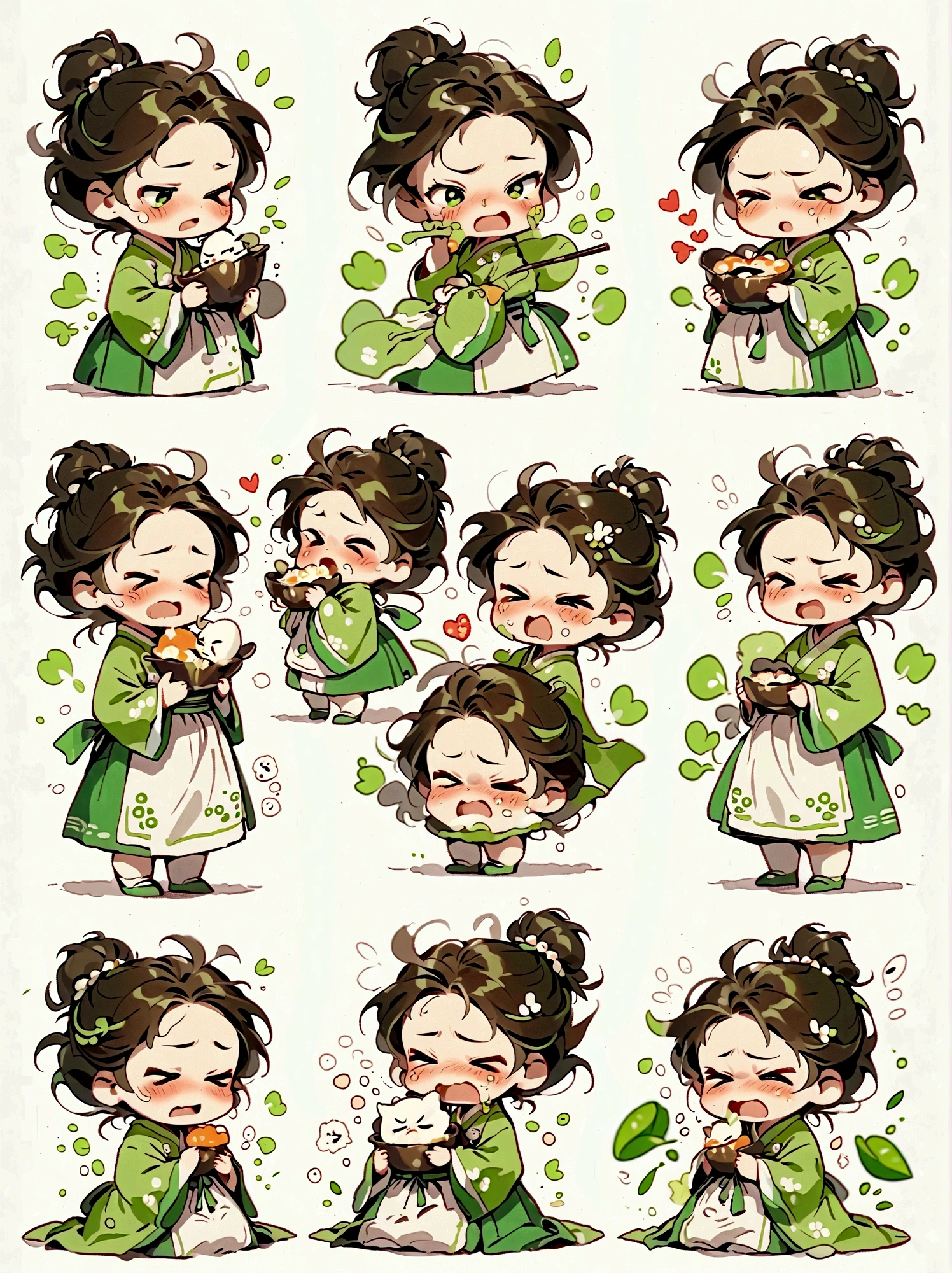  girl, green hanbok, classical and delicate, bust, chibi, 9 poses and expressions, emoticons [dizzyhappy, angry, crying, sad, cute, expectant, laughing, disappointed and shy, sleepy, eating, dizzyexpressing love, etc,1, line art, stick-er art, white background