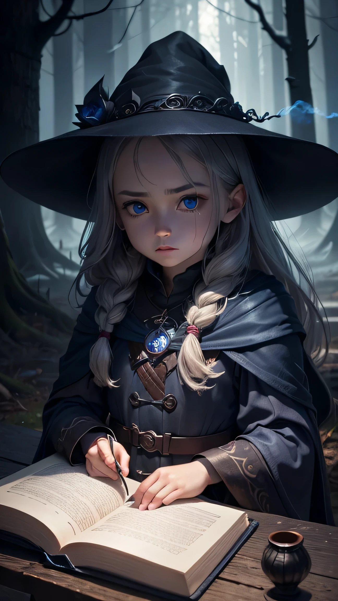 Unconfident face, Little witch girl, blue eyes, A clearing in the middle of the cursed forest, ancient magic book, Swirling smoke, Strange atmosphere, Crystal Jade, Engraved runes, ominous prophecy, Supernatural Powers (Master Parts)