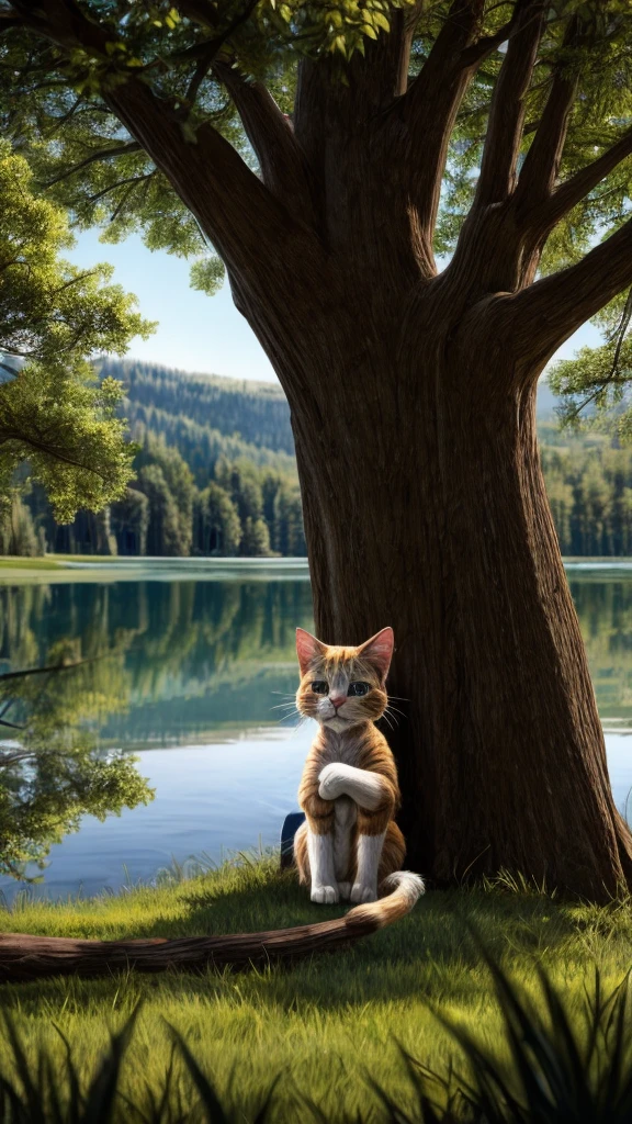 A crying cat with tears streaming down its face, sitting under a large tree near a lake