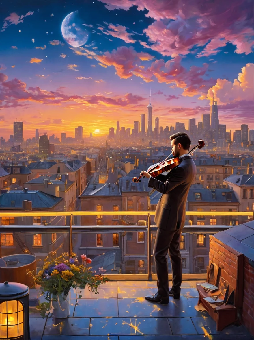 Soulful musician playing the violin on a rooftop at sunset, Musical score, Note, Reflexive, City skyline, Dramatic sunset, Surrealist oil painting by James Jean, Van Gogh, Mark Ryden, Robbie Trevino, Pop Cyberpunk Steampunk Flowerpunk, Atompunk, Cinematic, wallpaper