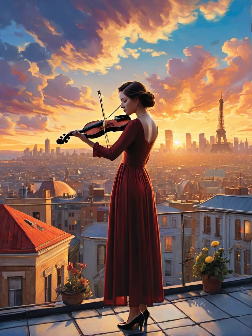 Soulful musician playing the violin on a rooftop at sunset, Musical score, Note, Reflexive, City skyline, Dramatic sunset, Surrealist oil painting by James Jean, Van Gogh, Mark Ryden, Robbie Trevino, Pop Cyberpunk Steampunk Flowerpunk, Atompunk, Cinematic, wallpaper