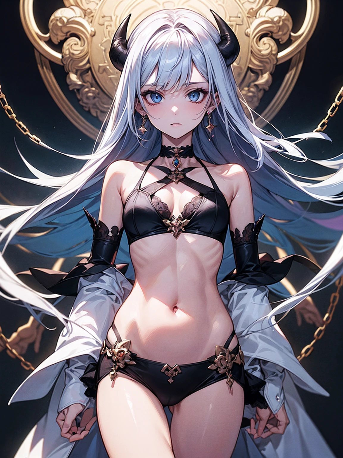 (Highest quality)),(Ultra-high resolution),(Ultra-detailed),(Detailed depiction),((Best Anime)),(A masterpiece),Sharpness,Claire,Ultra-precise art,modern art, (Devilish beauty),Glamorous Body,Small waist,belly button,((Fascinating Fashion)),choker,Chain Accessories,Earrings