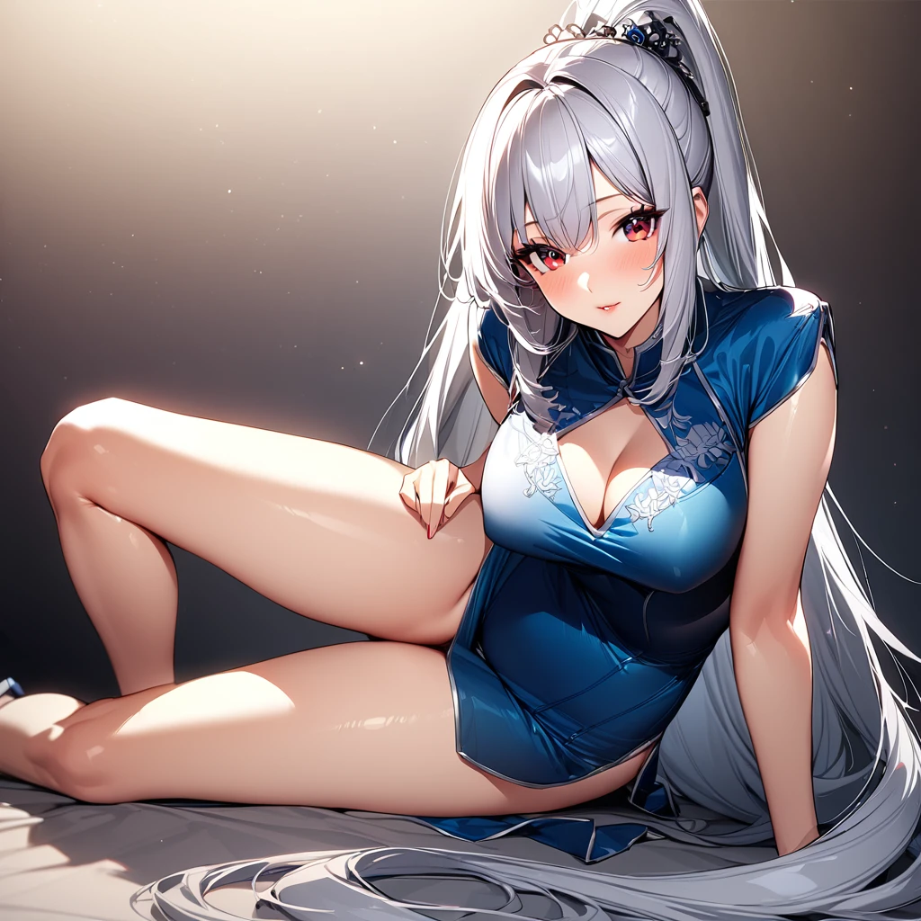 (masterpiece),(Highest quality),(Very detailed),(Best illustrations),(so beautiful), so beautiful長い脚, Thighs, Silver Hair, Red eyes, Very long hair, High Ponytail, Blue clothes, China dress, Side slits, the_pose