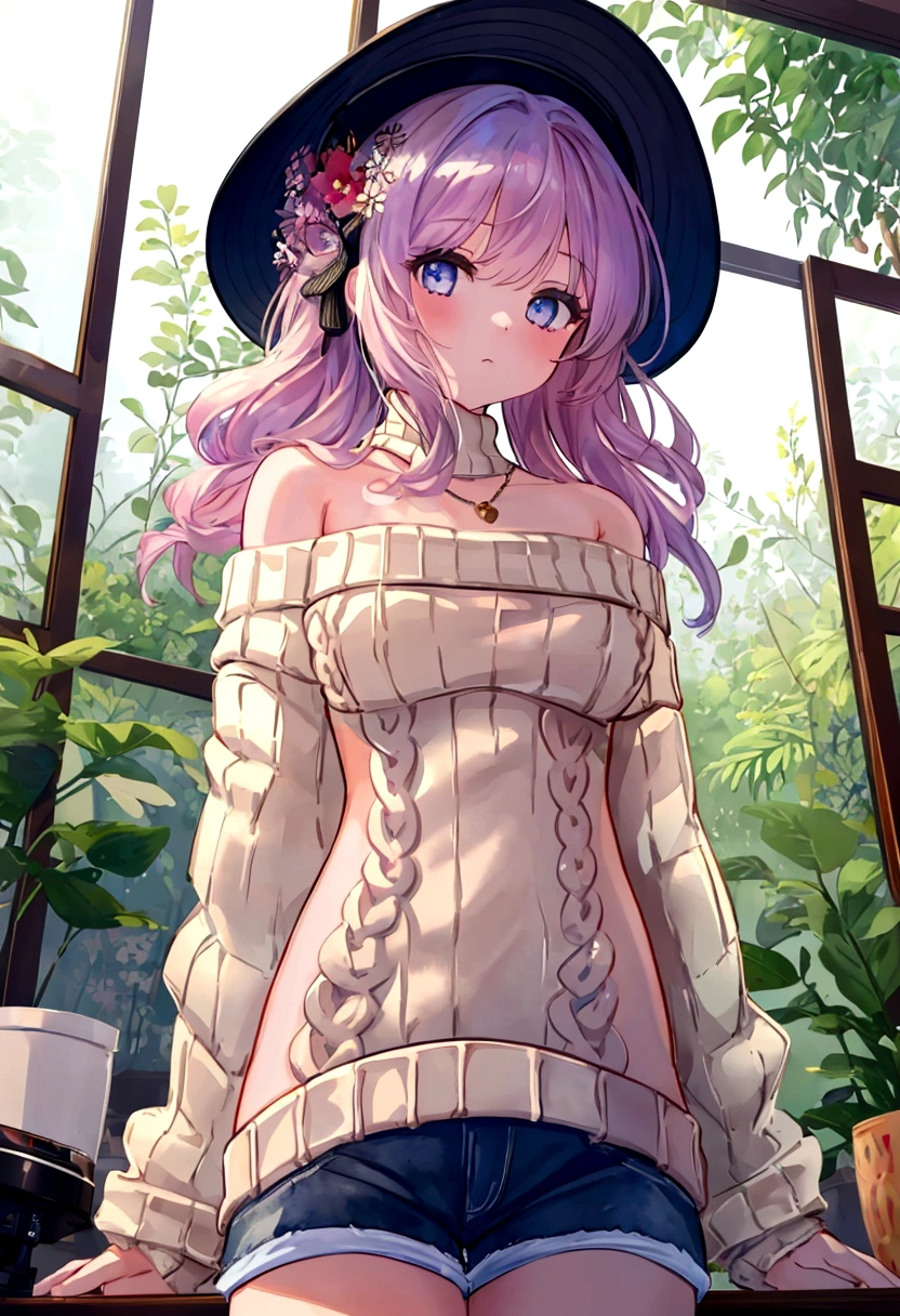(), Large target ,(masterpiece), best quality, Extremely detailed, (watercolor), bloom, Exquisite, illustration, (From below),(1 Girl:1.4), (Solitary:1.2), Large Breasts, (Ribbed sweater:1.3), Off-shoulder sweater, (shorts:1.2), Bare shoulders, (Lower breasts),, beautiful eyes, (Messy hair ), photography, Over the shoulder shot,, professional, Canon Camera, Nikon Camera, sharp, Bokeh, Studio Quality, Fisheye lens,