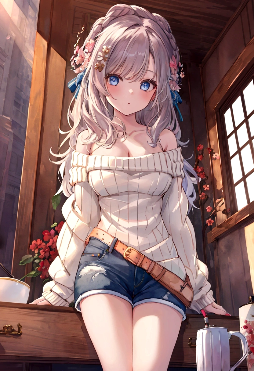 (), Large target ,(masterpiece), best quality, Extremely detailed, (watercolor), bloom, Exquisite, illustration, (From below),(1 Girl:1.4), (Solitary:1.2), Large Breasts, (Ribbed sweater:1.3), Off-shoulder sweater, (shorts:1.2), Bare shoulders, (Lower breasts),, beautiful eyes, (Messy hair ), photography, Over the shoulder shot,, professional, Canon Camera, Nikon Camera, sharp, Bokeh, Studio Quality, Fisheye lens,