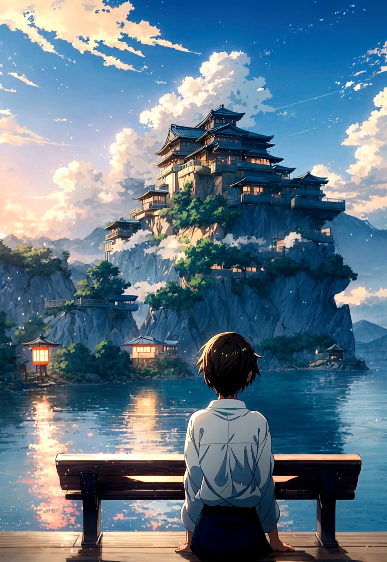 Anime scenery with a bench overlooking the water and mountains, Japanese anime scenery, Beautiful Japanese anime scenery, Beautiful anime scene, makoto shinkai's style, Anime Background, Japanese girl, alone,, Beautiful peaceful scene in anime, makoto shinkai. —h 2160, In the style of Makoto Shinkai, Anime Background Art, ( ( makoto shinkai ) )