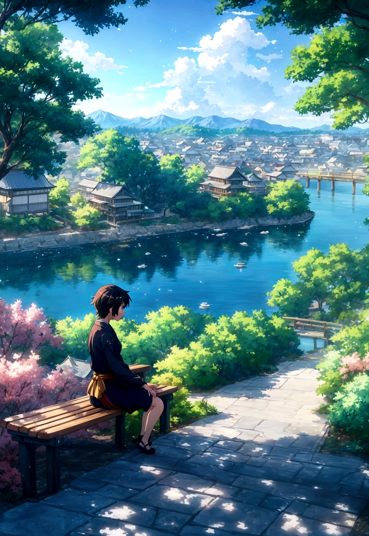 Anime scenery with a bench overlooking the water and mountains, Japanese anime scenery, Beautiful Japanese anime scenery, Beautiful anime scene, makoto shinkai's style, Anime Background, Japanese girl, alone,, Beautiful peaceful scene in anime, makoto shinkai. —h 2160, In the style of Makoto Shinkai, Anime Background Art, ( ( makoto shinkai ) )