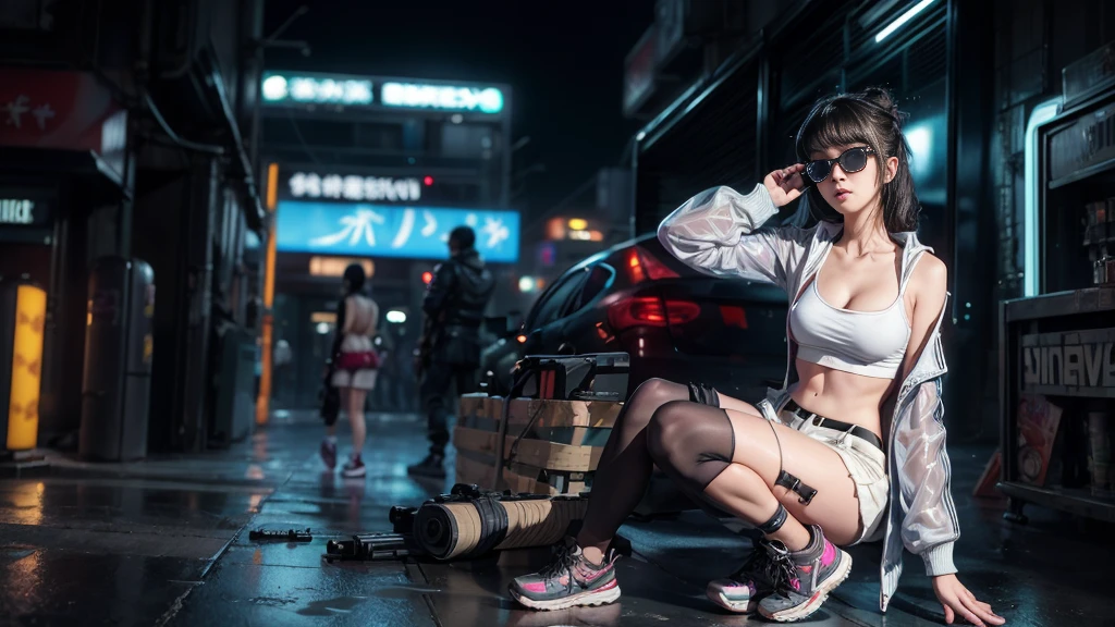8k, Realistic Skin Texture, Realistic Photo, Neo Tokyo, slim women, large-breast:1.4 cleavage:1.3, AD2050 at night, Dirty hunting jacket, Wearing tube top, miniskirt, (((black sunglasses, automatic rifle, sneakers, cold, shooting pose, very low angle view))), Innovative composition, revenge, cyberpunk, blade runner worldview, Large neon sign, Geisha hologram sign, Strong Wakamoto Sign.