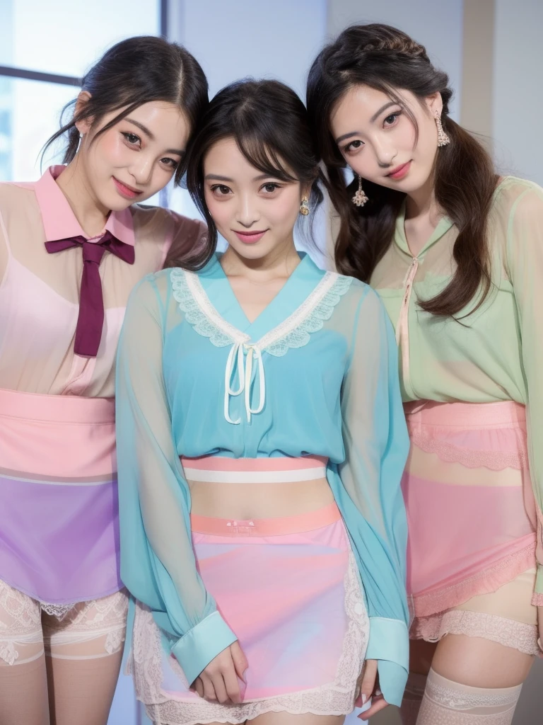 3 Japanese girls, Hair tied up, Bang bang down, (double eyelid), Looking at the audience, At work, (smile), Highest Resolution, masterpiece, (All participants wore pastel-colored long-sleeved sheer blouses.), ((Lift up the entire skirt, Showing panties and stockings)), ((Everyone is wearing earrings)), An elegant tie around the neck