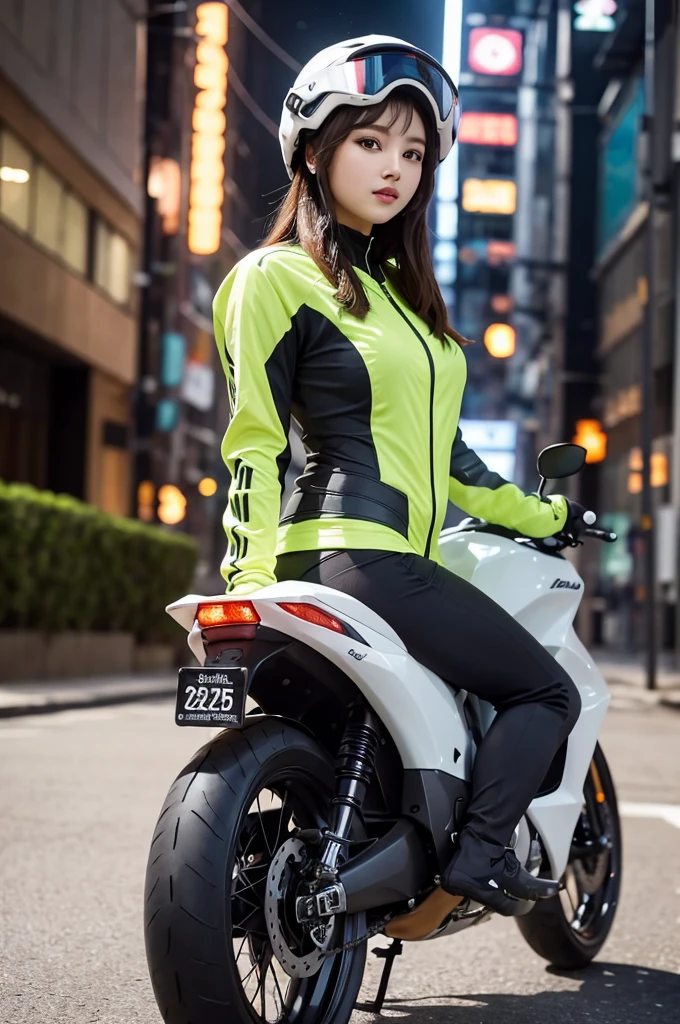 Best image quality, Excellent details, Ultra-high resolution, (realism: 1.4), Best illustrations, Favorite Details, Very condensed one girl, Delicate and beautiful features, Wearing a black and green mech, Wearing a mecha helmet, Hold the directional controller, Riding on motorcycle, The background is a futuristic city high tech lighting scene.
