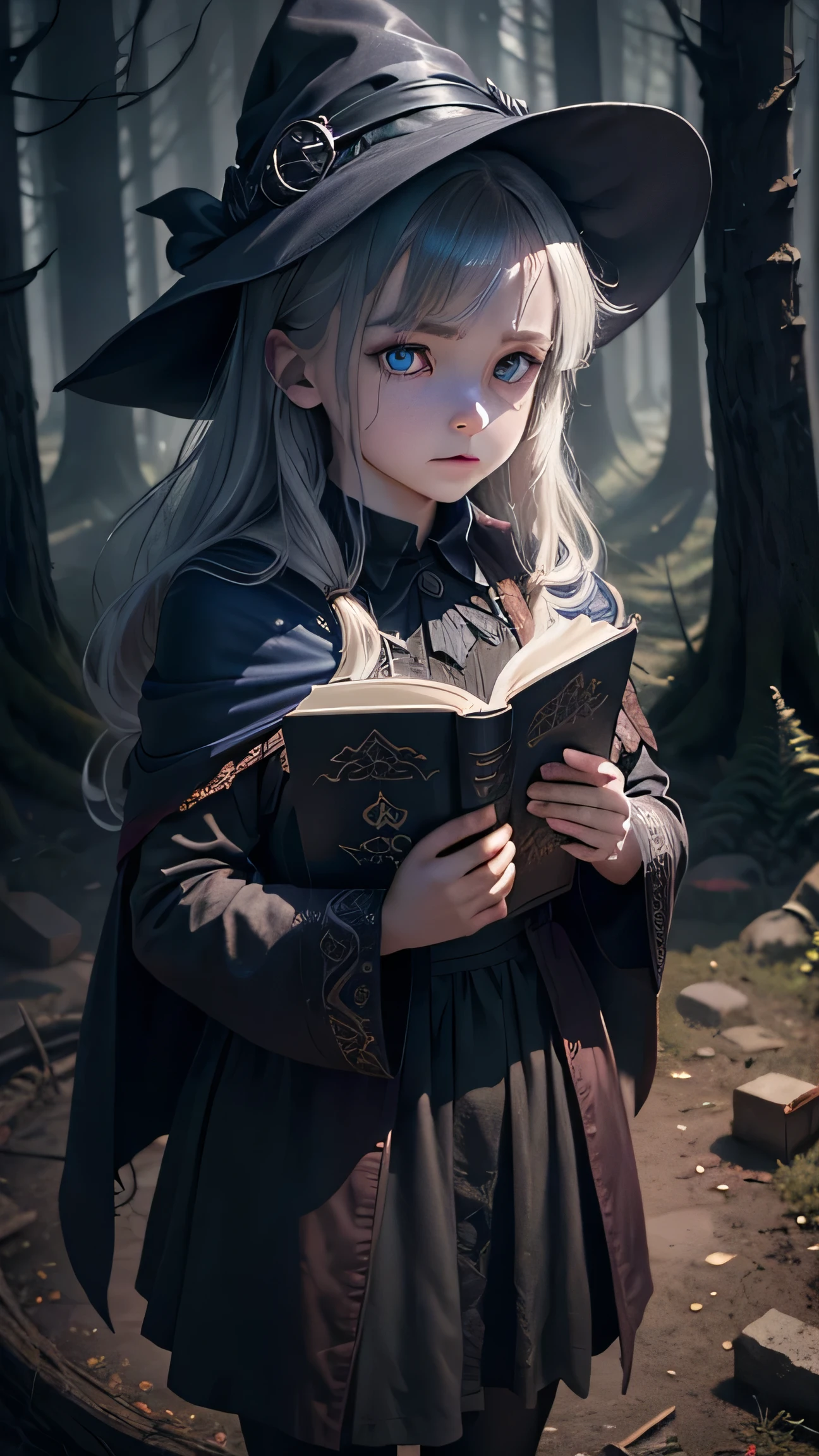 Unconfident face, Little witch girl, blue eyes, Mysterious atmosphere, A clearing in the middle of the cursed forest, ancient magic book, Swirling smoke, Strange atmosphere, black magic, Engraved runes, ominous prophecy, Supernatural Powers (Master Parts), Better Quality,