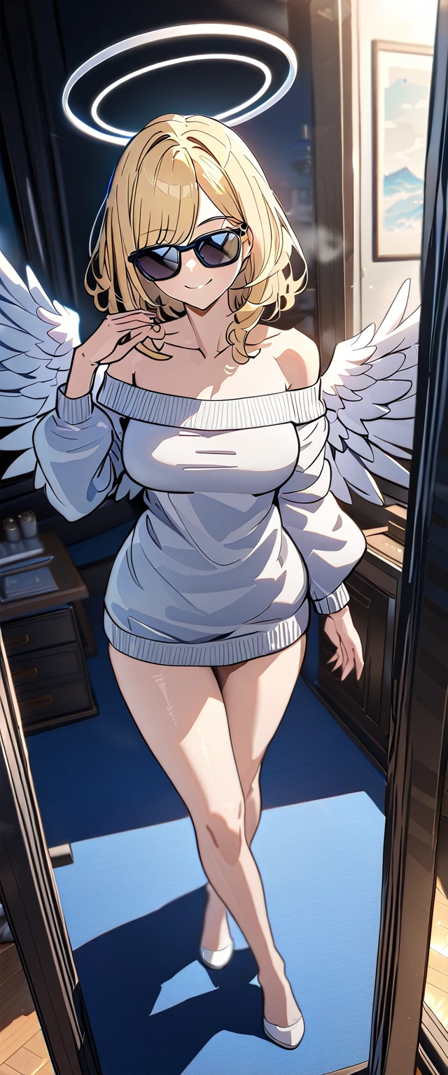 ((angel, big big white wings:1.3, halo:1.3)), bare legs, ((from above)), (((sunglasses, hand to sunglasses))), (((full body))), archangel Uriel, ((wavy hair, inward curled hair)), evening, Sunset, ((blond hair, bob cut:1.3)), breasts, ager, (looking at viewer), oversized clothes, puffy long sleeves, ((off-shoulder sweater:1.3, Quite thick shoulder straps)), ((white sweater)), collarbone, head tilt:1.3, (((blue eyes))), ((happy smile)), (((anime style))), (best quality, 4K, 8K, highres, masterpiece:1.2, ultra-detailed, ultra-detailed eyes, HDR, uhd, studio lighting, ultra-fine painting, sharp focus, physically-based rendering, extreme detail description, professional, vivid colors, bokeh)