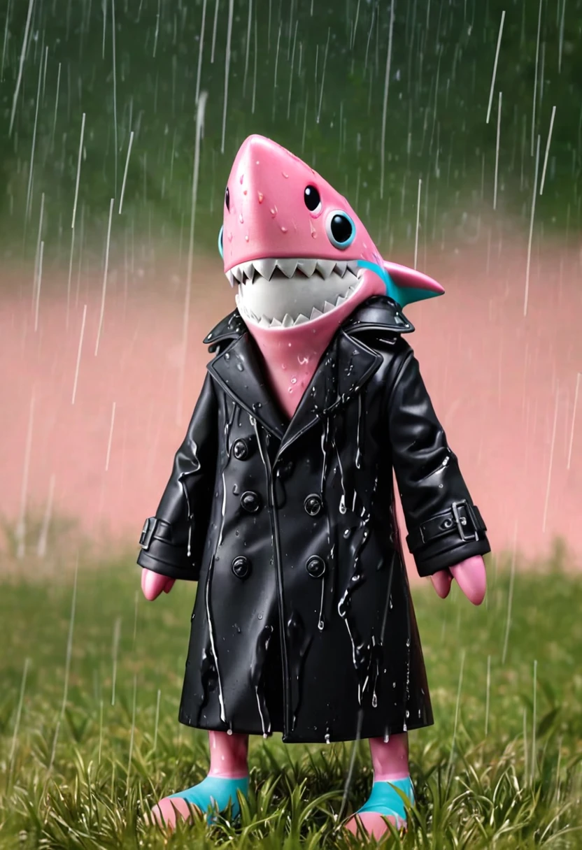Sexy pink Shark Girl wearing a black trench coat,(No humans),E7E48U,Wet body,rain, Background grassland