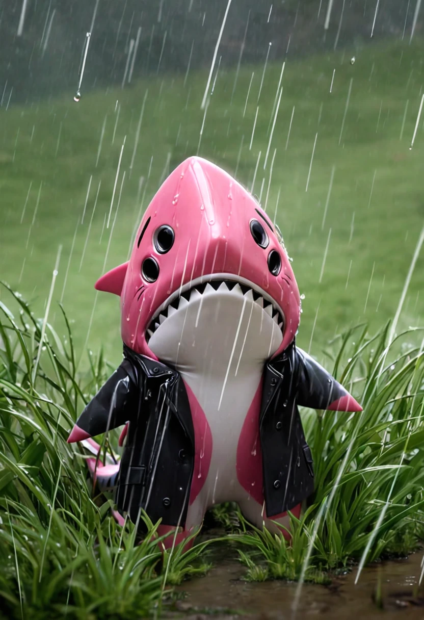 Sexy pink Shark Girl wearing a black trench coat,(No humans),E7E48U，Wet body，rain, Background grassland