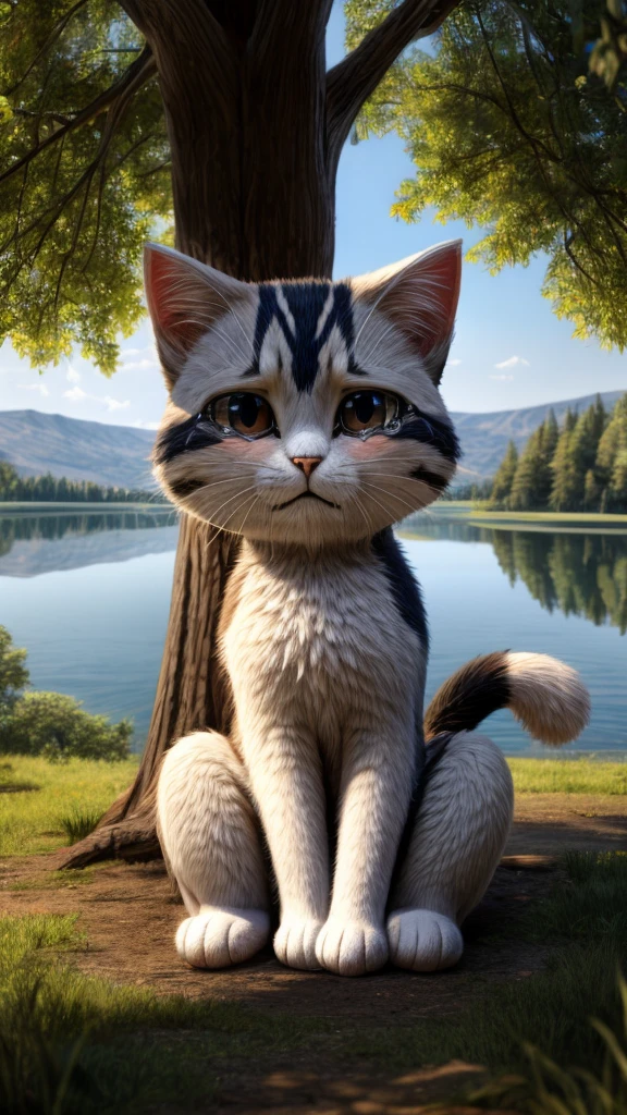 A crying cat with tears streaming down its face, sitting under a large tree near a lake