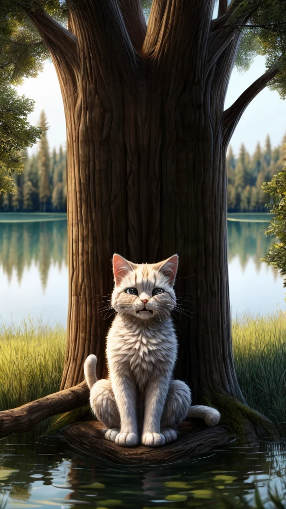 A crying cat with tears streaming down its face, sitting under a large tree near a lake