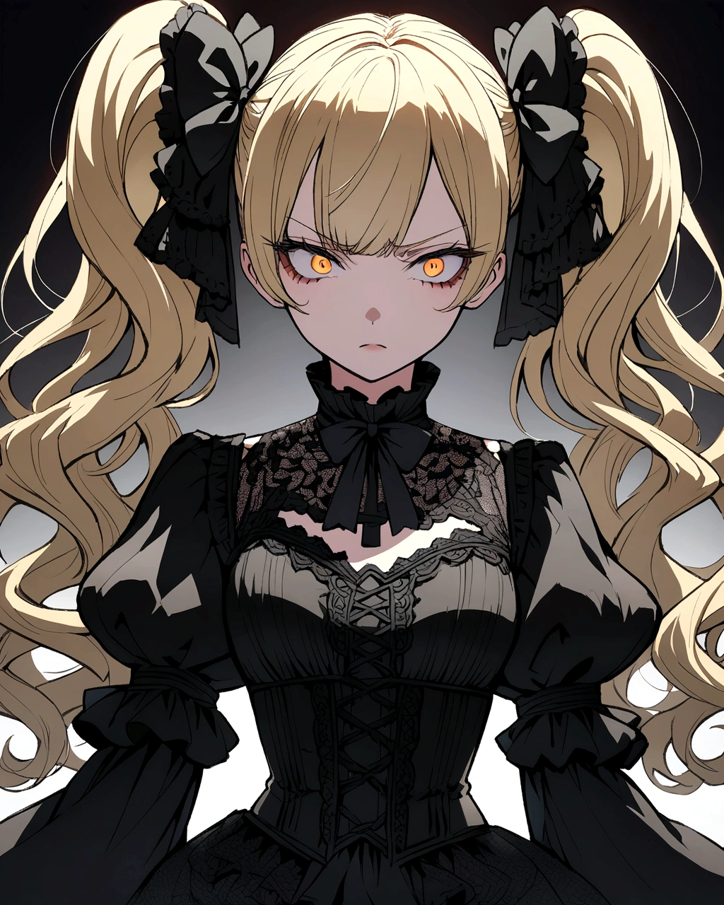 A highly detailed, anime-style illustration of a young girl with a gothic lolita fashion. She has long, wavy blonde hair styled in twin tails with large black bows. Her expression is serious and slightly melancholic, with big, expressive eyes and light makeup. She wears an elaborate black lace dress with intricate details, including ruffles, bows, and corset-like lacing on the bodice. The dress features puffed sleeves and layers of fabric, giving it a voluminous look. The background is plain, highlighting her elegant and gothic appearance."