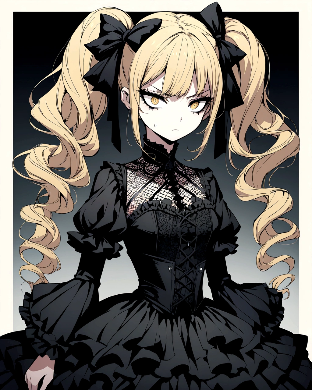 A highly detailed, anime-style illustration of a young girl with a gothic ta fashion. She has long, wavy blonde hair styled in twin tails with large black bows. Her expression is serious and slightly melancholic, with big, expressive eyes and light makeup. She wears an elaborate black lace dress with intricate details, including ruffles, bows, and corset-like lacing on the bodice. The dress features puffed sleeves and layers of fabric, giving it a voluminous look. The background is plain, highlighting her elegant and gothic appearance."