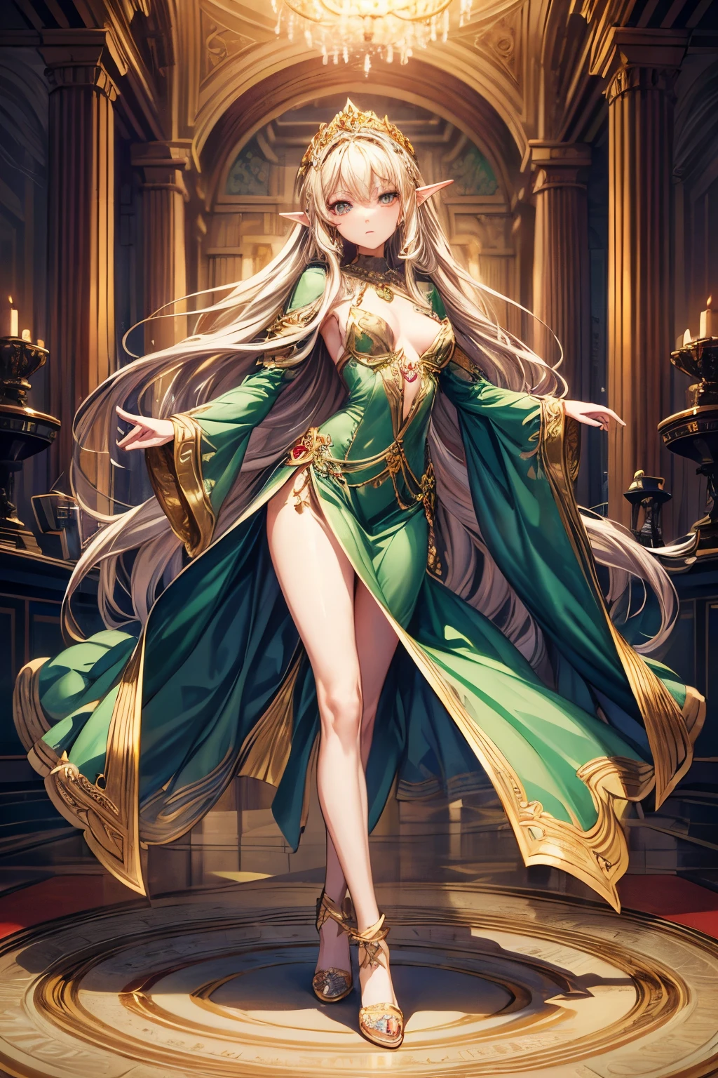 masterpiece,Highest quality,Very detailed,Dancing Elf Girl, ager,Long blonde hair,Very beautiful and detailed eyes,Thin legs,Long skirt, underweight,Small breasts, full body,Beautiful peppermint green dress,Large ruby necklace,gem,Luxurious cape,A luxurious palace