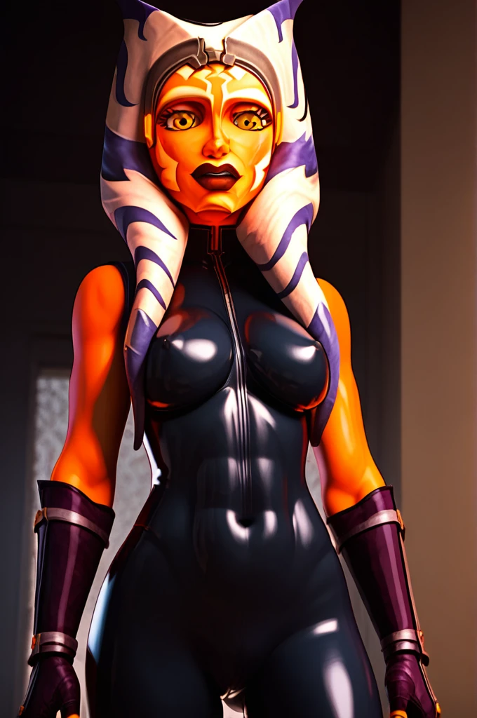 score_9, score_8_up, score_7_up, score_6_up, score_5_up, score_4_up, AhsokaTanoXL, yellow eyes, tentacle hair, orange skin, colored skin, facial mark, large , black latex catsuit, black high heeled thigh high boots, gloves, solo, standing, , focus face
, big brey, looking at viewer, indoors