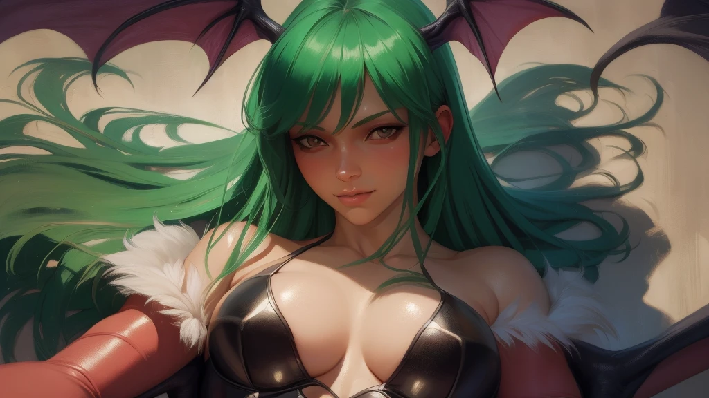 Realistic oil painting by Morrigan Aensland, hot body, dynamic sensual pose, soft smiling, Long green hair, ((bat wings)), Detailed skin textures, intricate, face detailed, hyper realist, realistic light and shadows , cinematic lighting. dark castle background.