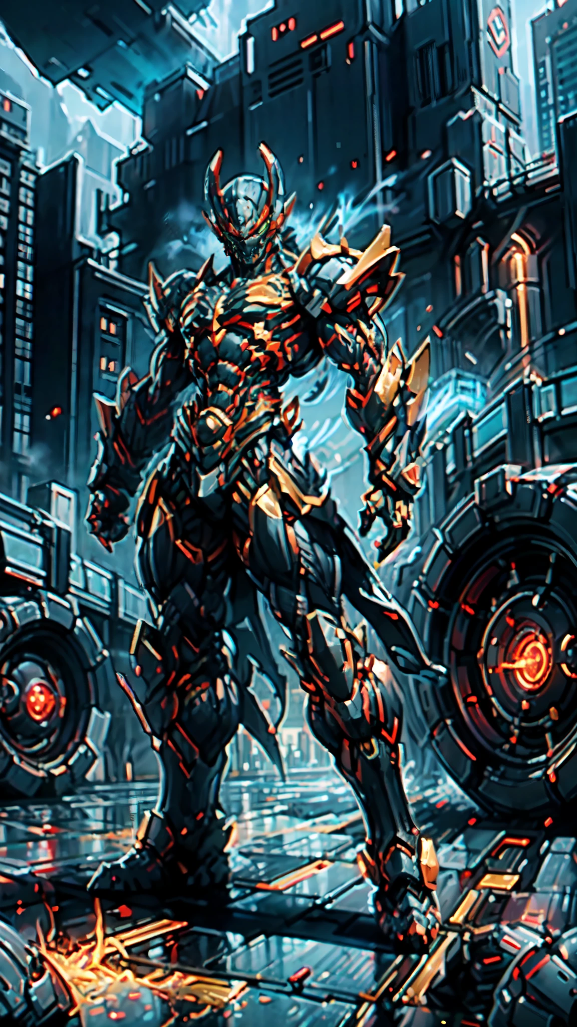 (masterpiece:1.5, best quality:1.5, extremely delicate:1.5, perspective:1.5, foreshortening:1.5, dynamic angle:1.5), a man wearing a full-face helmet, a fantasy-style biotech armored combat suit, green eyes, (a composite layered chest armor), fully enclosed shoulder guards, matching arm and leg guards, the belt is adorned with fangs biting into orbs, (the color scheme is primarily black with red accents), the design balances heavy with agility, a high-tech bio-mecha armor, (Armor Concept Inspired by Bat, stand on the top of a skyscraper in a futuristic sci-fi city), this character embodies a finely crafted fantasy-surreal style armored hero in anime style, exquisite and mature manga art style, (element, plasma, energy, the armor glows), ((male:1.5)), metallic, high definition, highres, ultra-detailed, ultra-fine painting, professional, perfect body proportions, golden ratio, anatomically correct, symmetrical face, extremely detailed eyes and face, high quality eyes, creativity, RAW photo, UHD, 32k, Natural light, cinematic lighting, masterpiece-anatomy-perfect