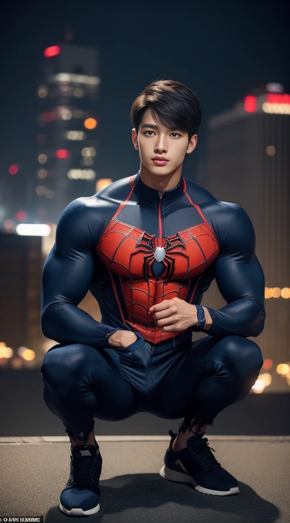 A young Korean boy in a torn Spider-Man costume. with details, The color scheme is navy blue and navy blue. :: Highly detailed, แมงมุมที่มีHighly detailed, ดวงตาที่มีHighly detailed, นิ้วที่มีHighly detailed, Take the whole body, Quiv haircut, dynamic poses, Look at the camera, Detailed parts of the face, Manly, nighttime, city scenery, city lights, Detailed city roof background, Monk sex, perfect anatomy, Symmetrical body, Asia, 19 years old, realistic, human skin, short hairstyle, handsome chad chin, handsome, sit, open legs, charming, Be a man, sexually, close your eyes, open your mouth, human skin, (Make eye contact), charming, Big hip pants, very good, depth of field, perfect composition, in the middle ,(Torn:1.5)