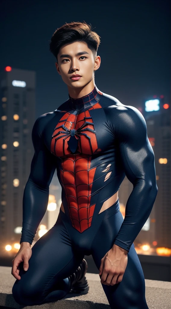 A young Korean boy in a torn Spider-Man costume. with details, The color scheme is navy blue and navy blue. :: Highly detailed, แมงมุมที่มีHighly detailed, ดวงตาที่มีHighly detailed, นิ้วที่มีHighly detailed, Take the whole body, Quiv haircut, dynamic poses, Look at the camera, Detailed parts of the face, Manly, nighttime, city scenery, city lights, Detailed city roof background, Monk sex, perfect anatomy, Symmetrical body, Asia, 19 years old, realistic, human skin, short hairstyle, handsome chad chin, handsome, sit, open legs, charming, Be a man, sexually, close your eyes, open your mouth, human skin, (Make eye contact), charming, Big hip pants, very good, depth of field, perfect composition, in the middle ,(Torn:1.5)
