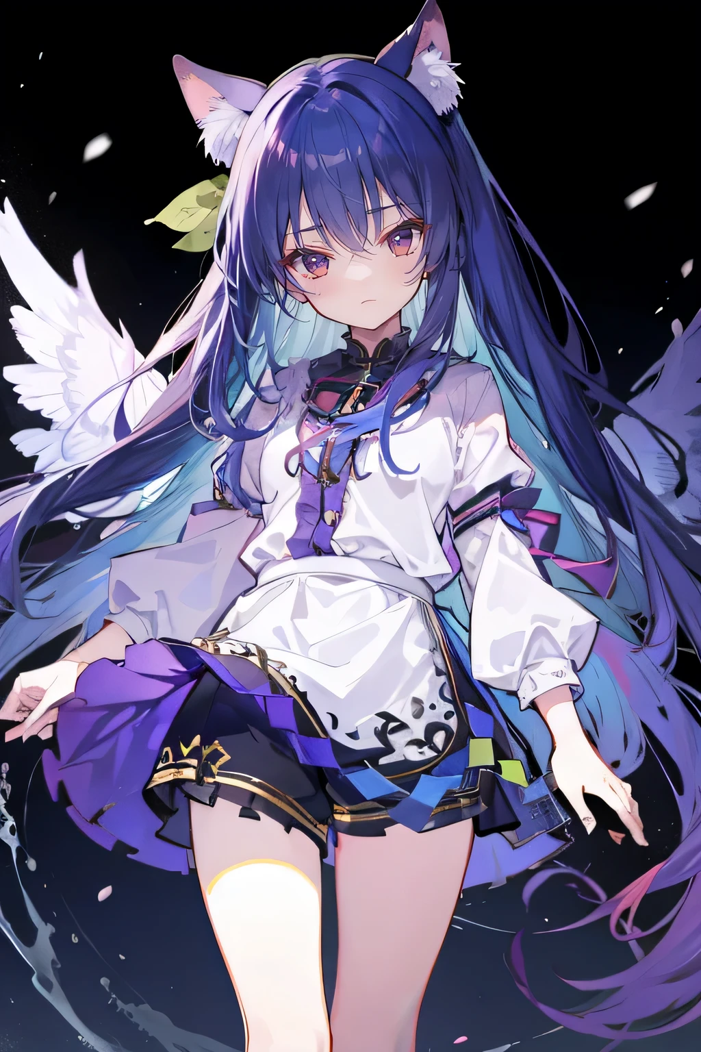 (masterpiece:1.2),Super detailed,lifelike,Expressive eyes,fair skin,perfect face shape,1 girl,
Japanese comics,Gorgeous blue hair,flowing blue hair,flowing clothes,Cat ears,Petals fall,beautiful lola,Baby Angel,
Shaking head with one hand,Cross your legs,Gentle and peaceful background,The pavilion is cool and comfortable,smile, wearing hoodie, background of tokyo,back views,snowing, winter,Angel wings,The world is open,shameful expression。(best quality:1.3)、(masterpiece:1.3)、(illustration:1.3)、(Super detailed:1.3)、(imide lenses:0.9)、1girl、Medium breasts、Purple Eyes、((dark blue hair) )、hair accessories、young、Clothing - Gladiolus、long hair、dark blue hair、indoor、black shorts、high socks、low ponytail、Expressionless、Upper Body、close up、coat、skirt