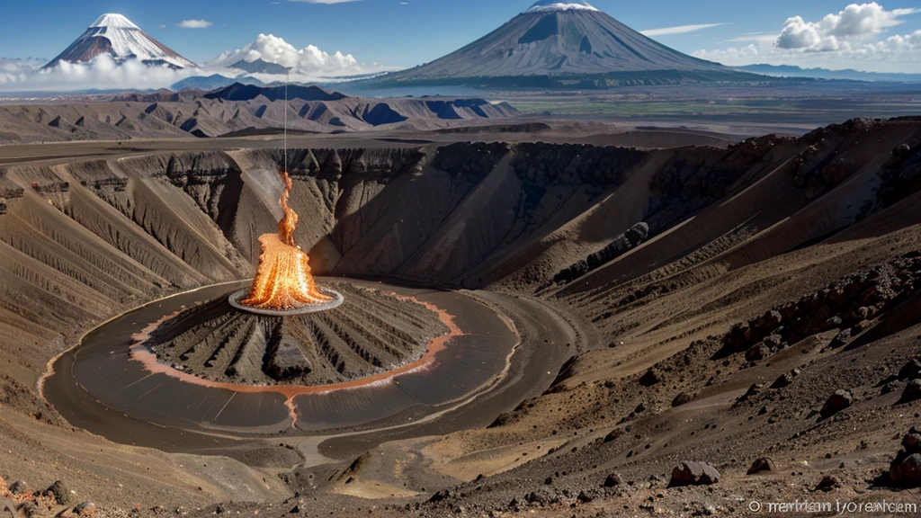 火山のmagmaの中に大量のゴミを捨てる人,crater,magma