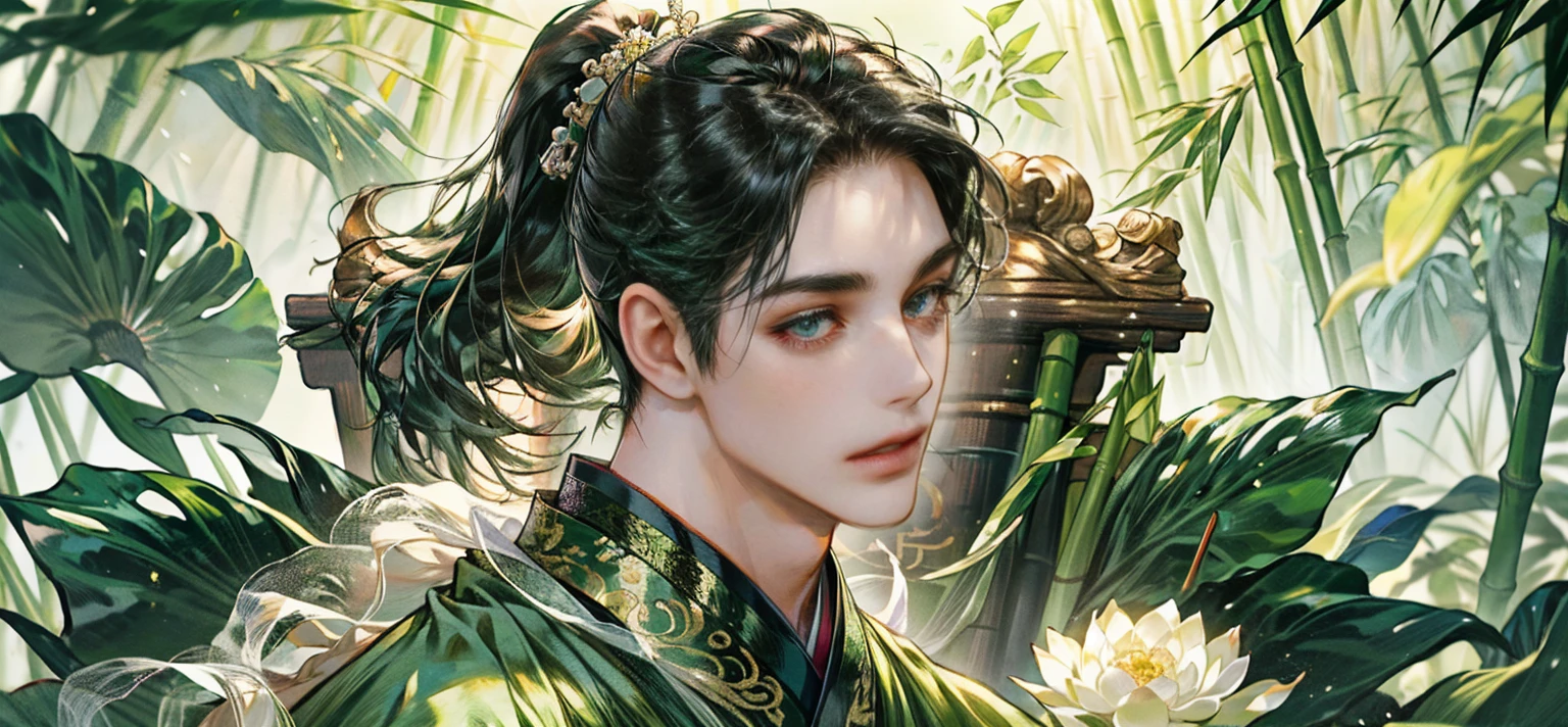 (((best quality))),masterpiece,ultra high resolution,extraordinarily beautiful youth, a bright, innocent smile,All green clothing,((boy 24 year old, green hanfu,green clothing, Chinese shirt style)) ,boy character ,((Thick black long hair)),beautiful face,detailed interior, detailed boy,((man)),(in bamboo forest), house China style, pure white lotus,beautiful and cute boy ,black eyes,((solo man)),(he has a Big eyes, charming lips, slim nose and small face),(slim figures ),ponytail and 冠, Hiogi fan,Japanese fan ,very long hair, thick hair, black hair 