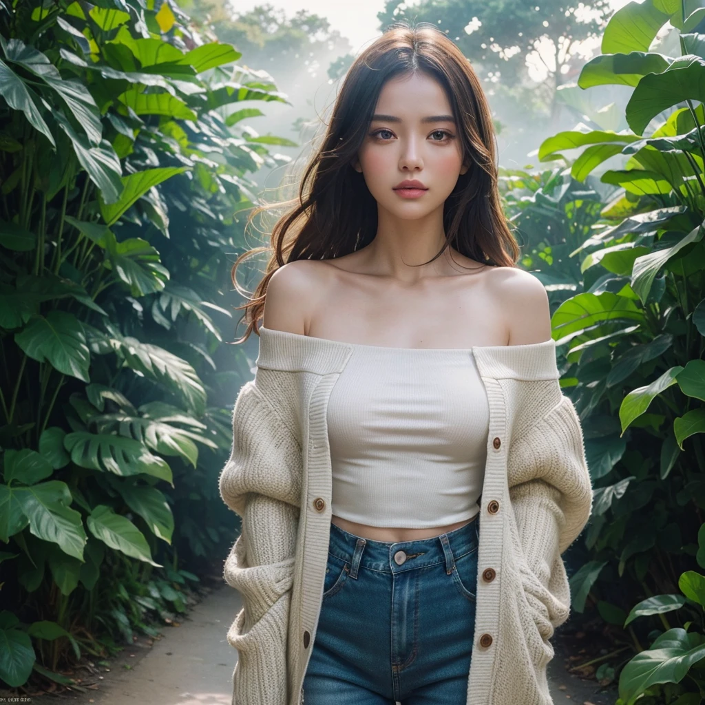 1girl, anomaly off shoulder jacket, jeans, safari park, ultra-detailed, cinematic composition, sunlight exposure, ultra HD, 16k, best quality, masterpiece, hyper realistic, photorealistic, award winning, 8k, dramatic lighting, volumetric lighting, volumetric fog, extreme details, highly detailed face and skin, intricate details, sharp focus, cinematic framing, extensive details, striking poses, beautiful vivid colors, ethereal atmosphere, natural tones, vibrant colors, stunning vista, lush foliage, beautiful landscape, environmental portrait