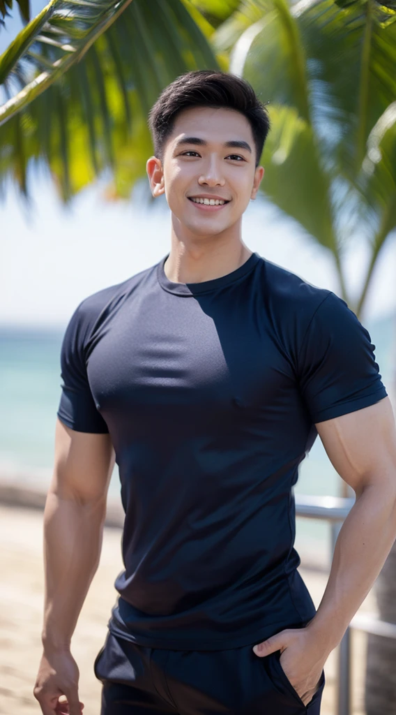 (Create a masterpiece: 1.2),(CGI art:1.3),(realistic:1.5),(After processing:1.3), (Sharp focus:1.3), 1 man, open mouth, smile, (Navy blue round neck shirt), Navy cargo pants, Korean guy , korean men, (High gloss details), chest muscles, large arm muscles, blood vessel, Big muscles, Broad shoulders, looking at the audience, Balancing the eyes, seaside beach sunlight