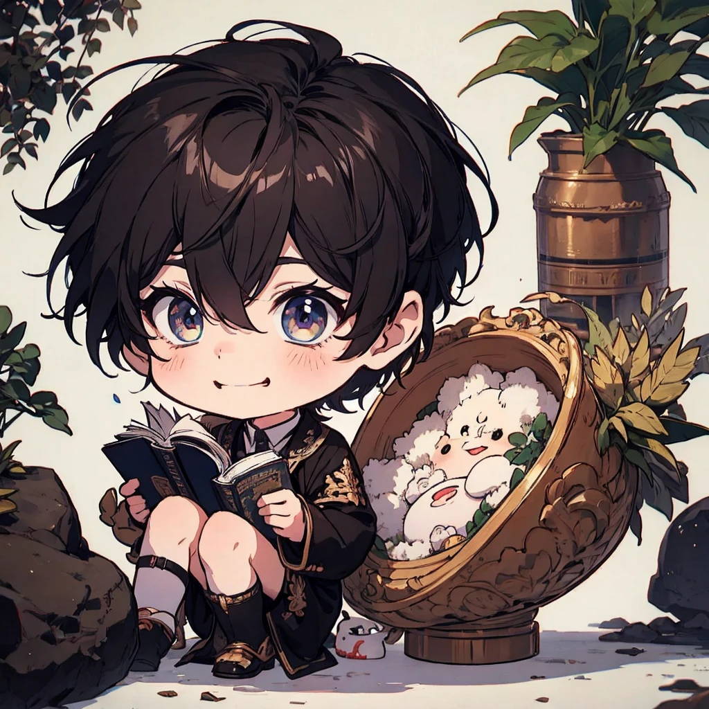 masterpiece , best quality , man , reading , chibi anime boy , smile , black hair