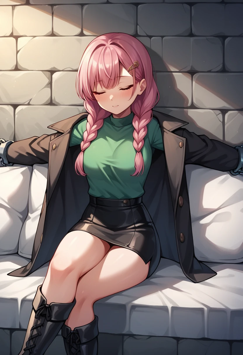 score_9, score_8_up, score_7_up, score_6_up, score_5_up, score_4_up, source_anime, 1 woman, sit, sleep, pink hair, hairpin, braids, close eyes, w-w-chain, shackles, spread arms,crossed legs, long hair, jacket , green shirt,leather skirt,black over the knee boots,hot evening, dungeon, best quality, best res, 4K UHD,