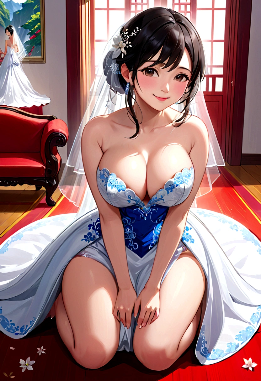 ((Masterpiece)),(((of the highest quality)),((Women, Asian, wide)),innocent look, bare arms, Expose your shoulders, Wedding dress, smiling, big tits, Big Butt, foot