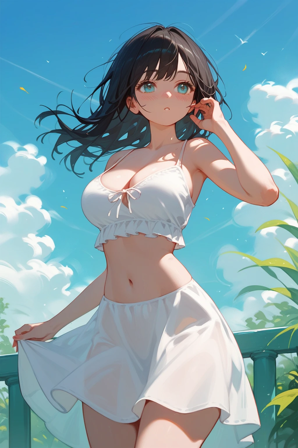 russian girl, 16yo teenager, breasts,1girl,navel,sundress,big breasts,wide hips, sky,blush,open clothes,from below,outdoors,day,1other,long black hair,stomach,blue sky,cleavage,
