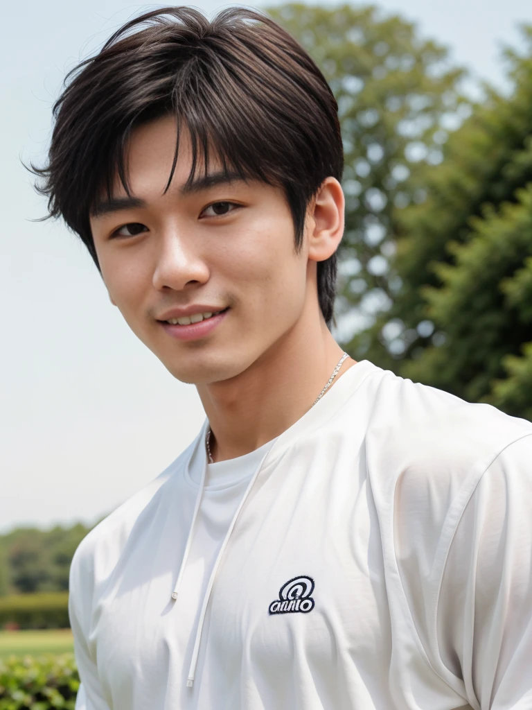 独奏: 1.5, (As a matter of fact, Masterpiece, 8k HD, good light quality, White sportswear, fit the face, complicated details), A handsome, muscular young Korean man. , 20 years old, be happy, smile brightly, detailed face, delicate eyes, มองดูsky, period, black eyes, Black hair color, ผมsmooth, smooth, outdoor sports, Along the garden, Sunny,sky,Surreal,Awesome details,Highest quality,real,Open your mouth to talk. , Close your eyes., field ,Run towards the camera.