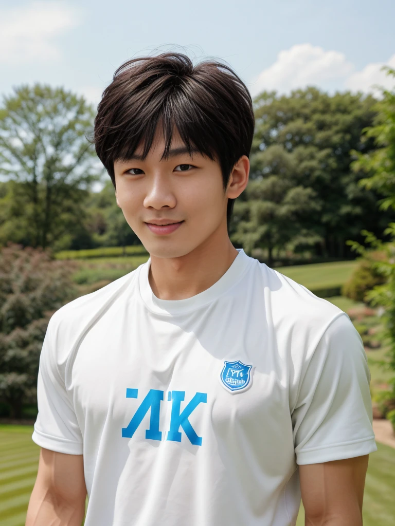 独奏: 1.5, (As a matter of fact, Masterpiece, 8k HD, good light quality, White sportswear, fit the face, complicated details), A handsome, muscular young Korean man. , 20 years old, be happy, smile brightly, detailed face, delicate eyes, มองดูsky, period, black eyes, Black hair color, ผมsmooth, smooth, outdoor sports, Along the garden, Sunny,sky,Surreal,Awesome details,Highest quality,real,Open your mouth to talk. , Close your eyes., field ,Run towards the camera.