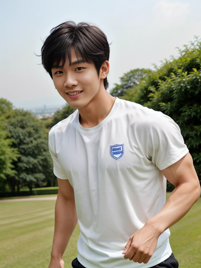 独奏: 1.5, (As a matter of fact, Masterpiece, 8k HD, good light quality, White sportswear, fit the face, complicated details), A handsome, muscular young Korean man. , 20 years old, be happy, smile brightly, detailed face, delicate eyes, มองดูsky, period, black eyes, Black hair color, ผมsmooth, smooth, outdoor sports, Along the garden, Sunny,sky,Surreal,Awesome details,Highest quality,real,Open your mouth to talk. , Close your eyes., field ,Run towards the camera.