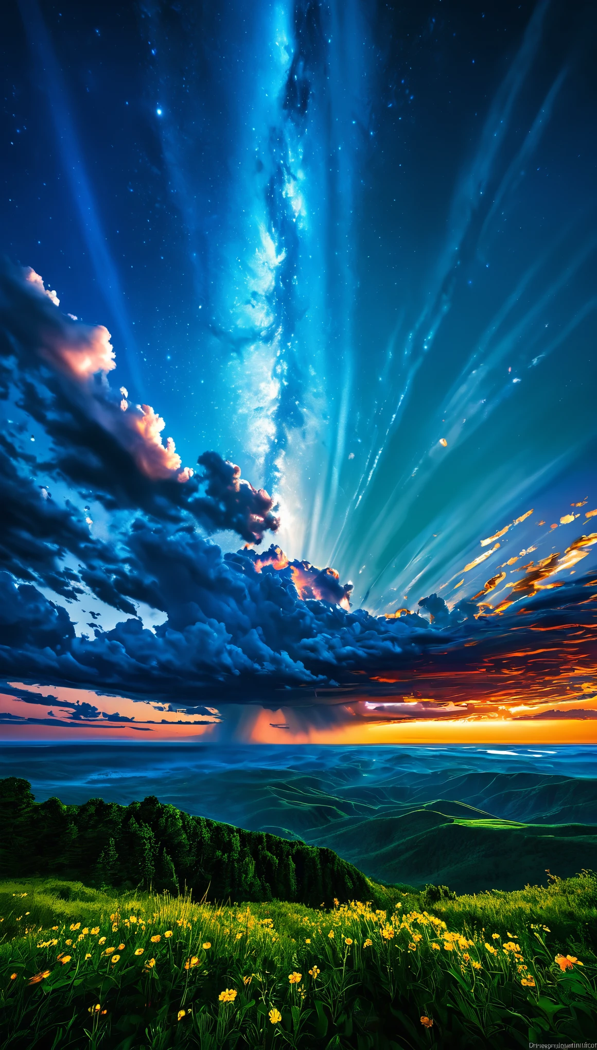 summer sky,photorealistic,highly realistic,extreme details,breathtakingly realistic,high contrast realism,high saturation realism,vibrant colors,dramatic lighting,captivating landscape,compelling storytelling,atmospheric scene,mesmerizing visuals,intricate details,strong emotions,celestial beauty,dreamlike world