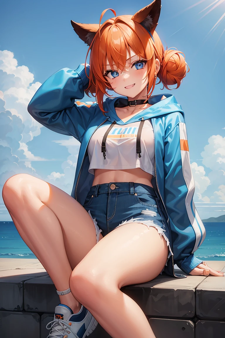 1girl, solo, orange hair, twin buns, blue eyes, eyeliner, light grin, medium breasts, white hoodie with light blue hood, black choker, denim shorts, light blue sneakers, frow below