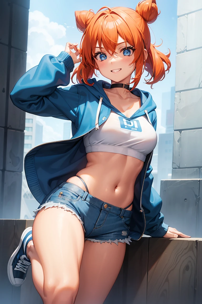 1girl, solo, orange hair, twin buns, blue eyes, eyeliner, light grin, medium breasts, white hoodie with light blue hood, black choker, denim shorts, light blue sneakers, frow below